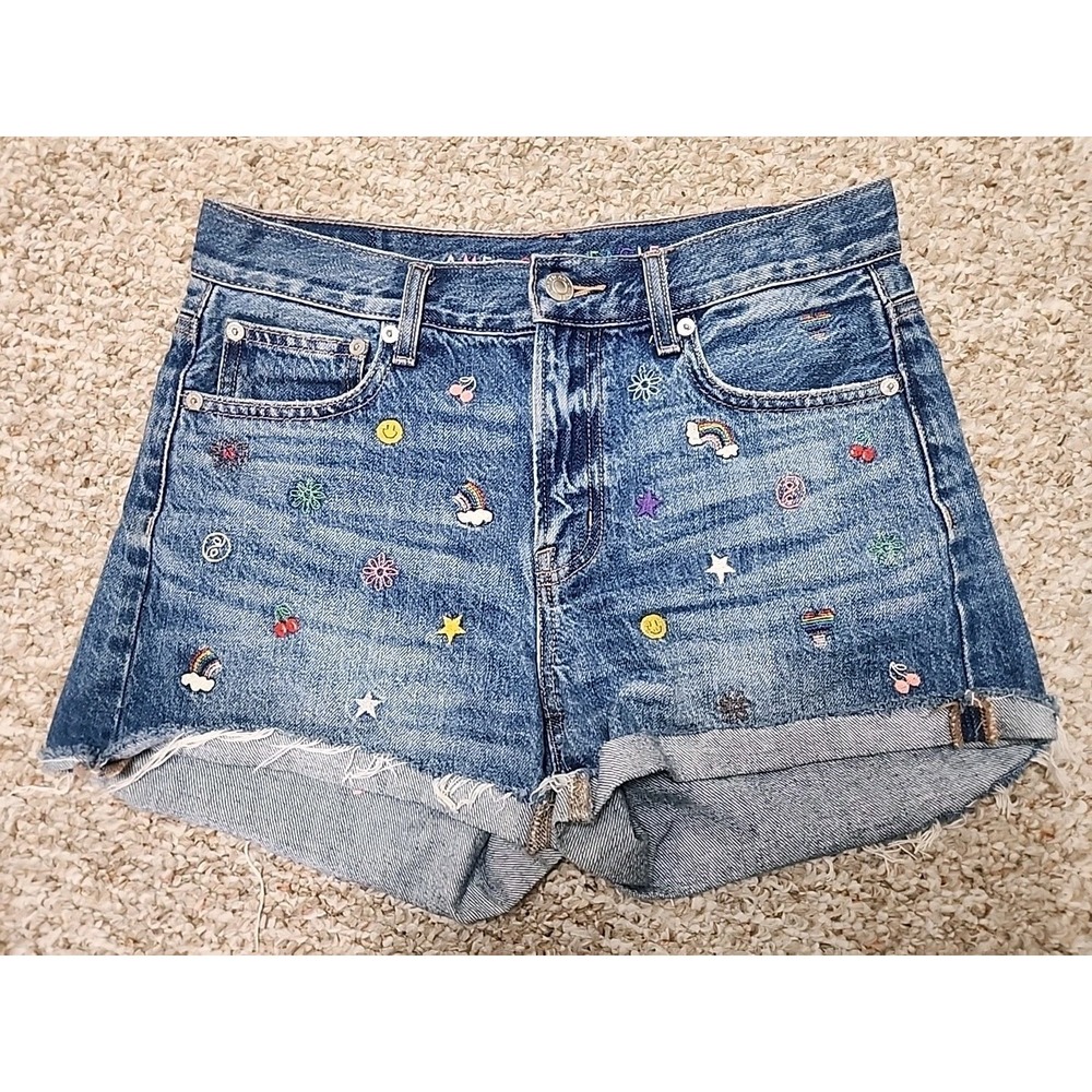 American Eagle Outfitters Blue Denim Shorts with Multicolor Embroidery